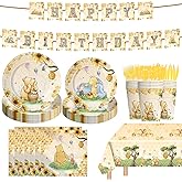 142 Pcs Classic Bear Baby Shower Decorations Baby Shower Party Tableware with Plates, Napkin, Forks, Cups , Banner And Tablecloth for Birthday Party Supplies Set Serves 20 (Yellow)