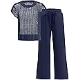ANRABESS Women Two Piece Outfits Crochet Sheer Knit Sweater Top Wide Leg Pants Lounge Matching Sets Sweatsuit Travel Clothes