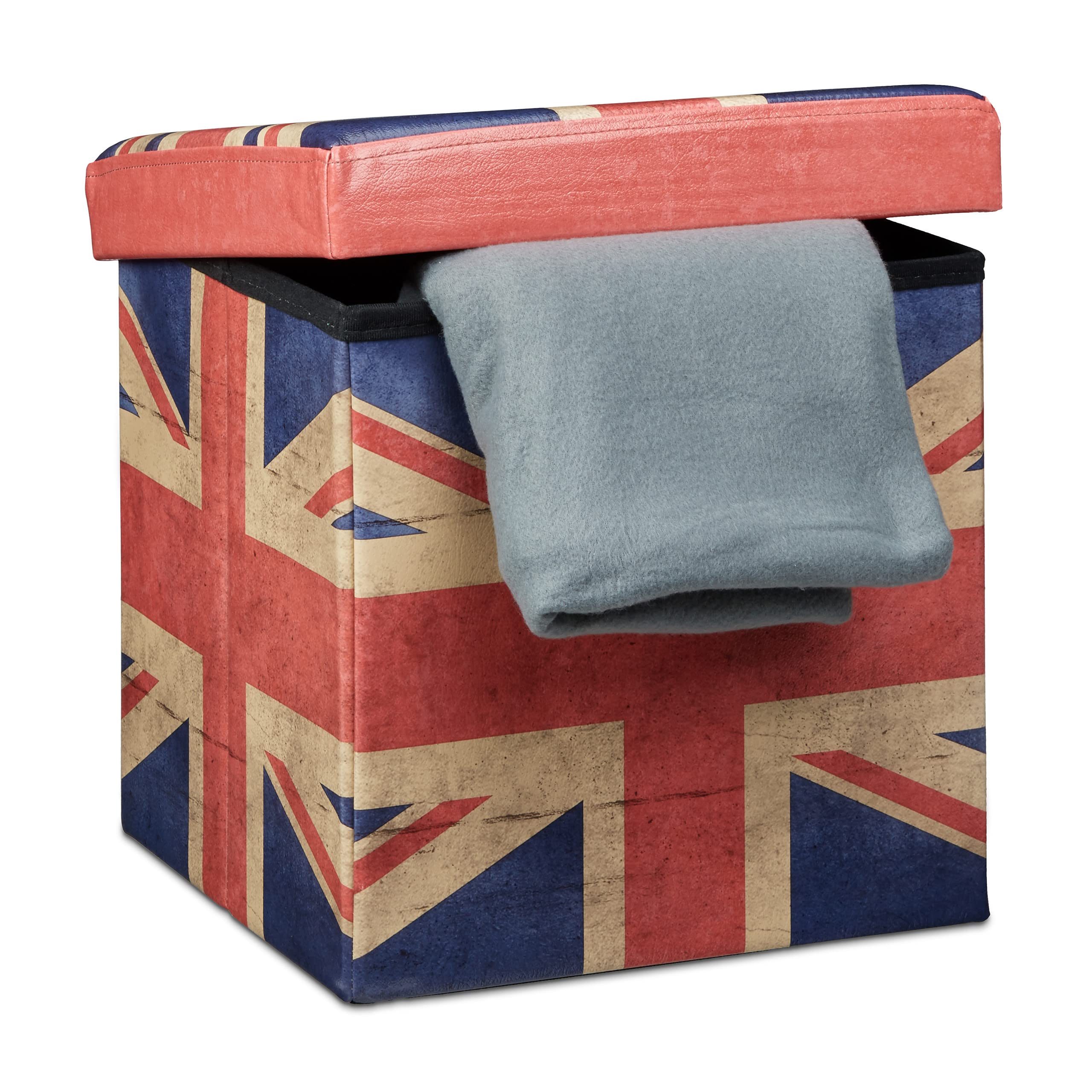 Relaxdays Folding Seat Box Ottoman 38 cm Sturdy Seat Cube with Trendy Motifs as Practical Footrest with Cofortable Faux Leather Cover for Storage Box Pouffe with Removable Lid, UK