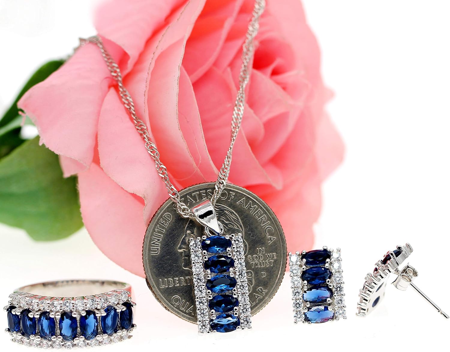 Uloveido Created Navy Blue Sapphire Diamond Oval Cut Rectangle Crystal Cubic Zirconia Necklace/Stud Earrings/Ring White Gold Plated - Image 5