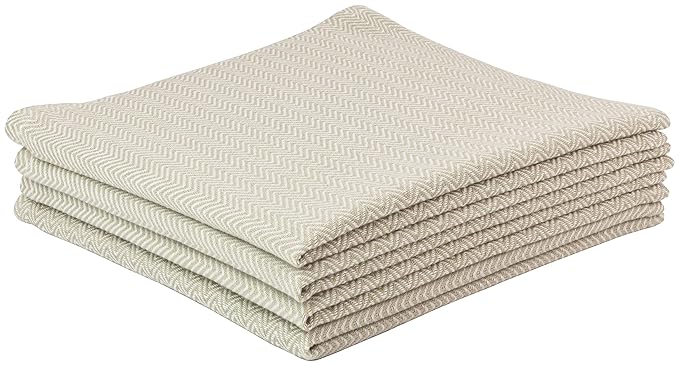 Alphadeco 4 Stück Stoff-Servietten & Geschirrtuch im Modernen Zigzag Fischgrät Design - 44x44cm - 100% Baumwolle (Beige)