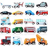 Blosssound 20 Pcs Wooden Car Vehicle Set for Toddlers Wooden Vehicle Community Helpers Toys with Police Fire Trucks Ambulance Car Toys Gift for Kids Preschool Classroom Educational Activity