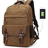 Canvas Laptop Backpack with USB Charging Port, Vintage Daypack for Men Women, Brown Travel Work Rucksack College Computer Bag Bookbag Fits 15.6 Inch Laptop, Brown