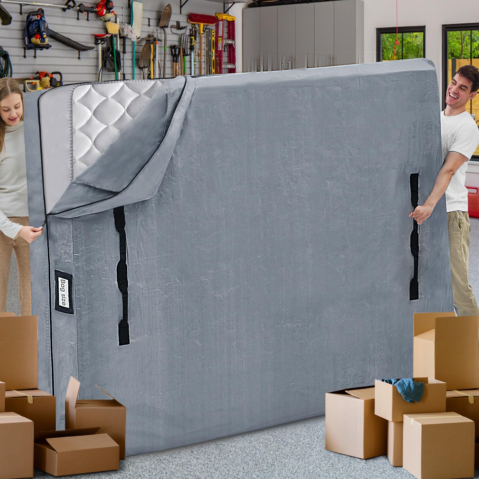 Photo 1 of Mattress Bags for Moving and Storage, BETU Waterproof Mattress Protector Mattress Cover California King with 8 Heavy Duty Handles & Zipper Extra Thick Moving Supplies for Bed (86x75x13.5 Grey)