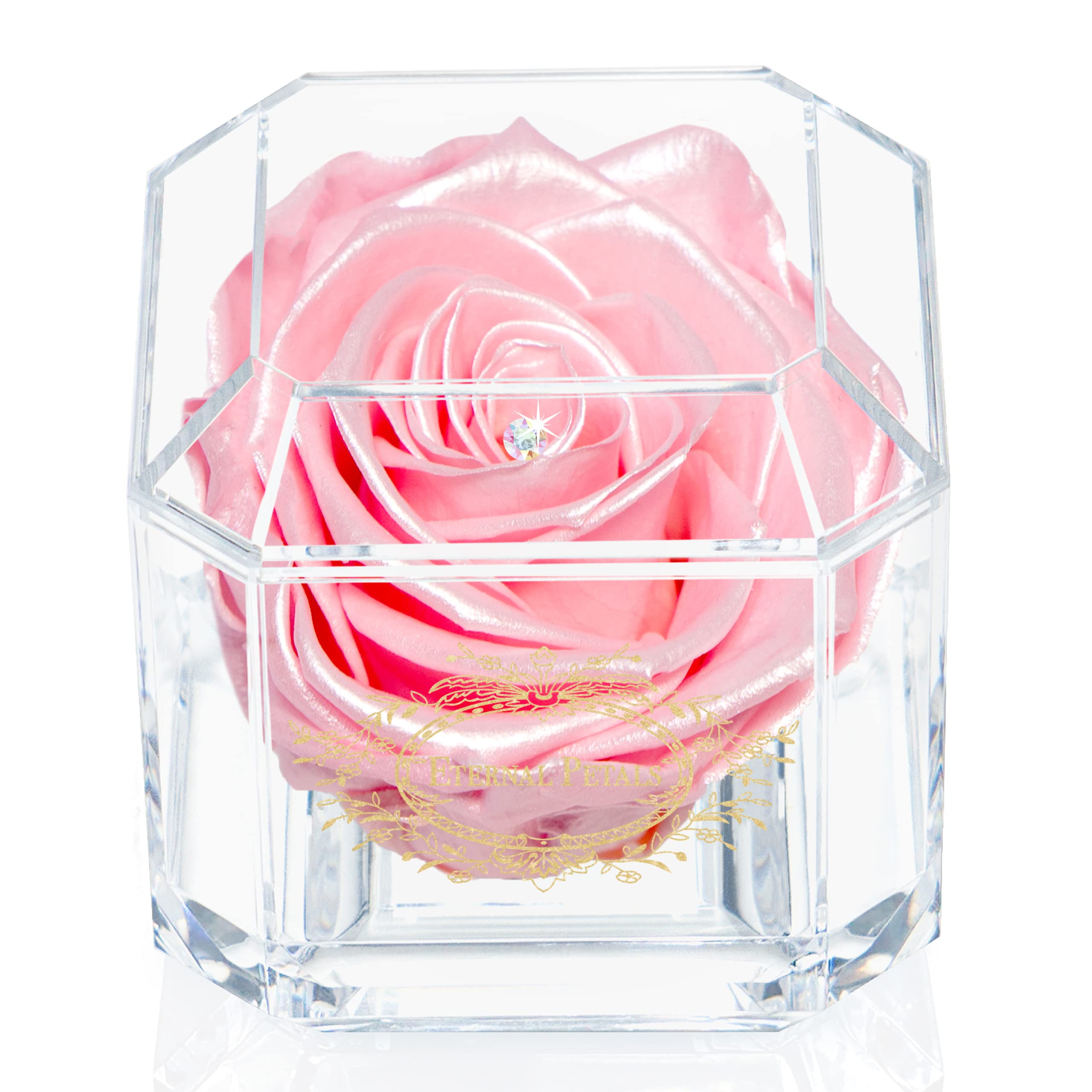 Eternal Petals A 100% Real Rose That Lasts Years, Handmade in UK – Gold Solo with A Multicolour Crystal (Pink Satin)