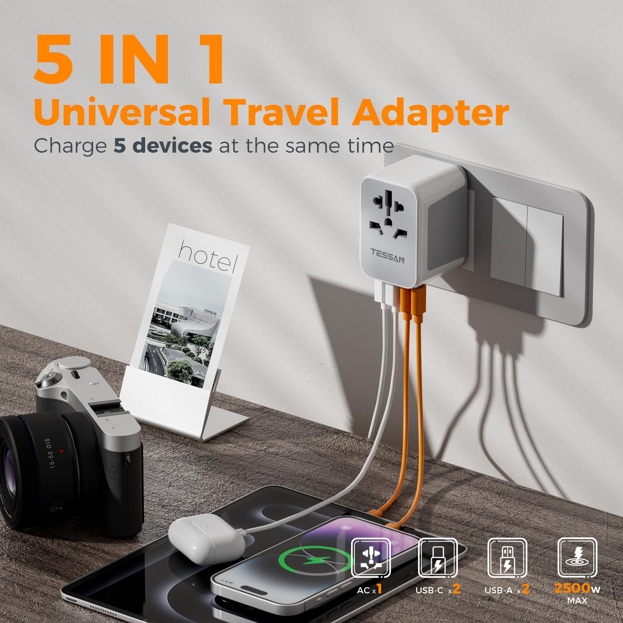 TESSAN Universal Travel Adapter Worldwide with 2 USB C and 2 USB A Ports, Universal Plug Adaptor UK to World, International Adapter for EU, USA, UK, Australia, Thailand etc. not a Voltage Converter