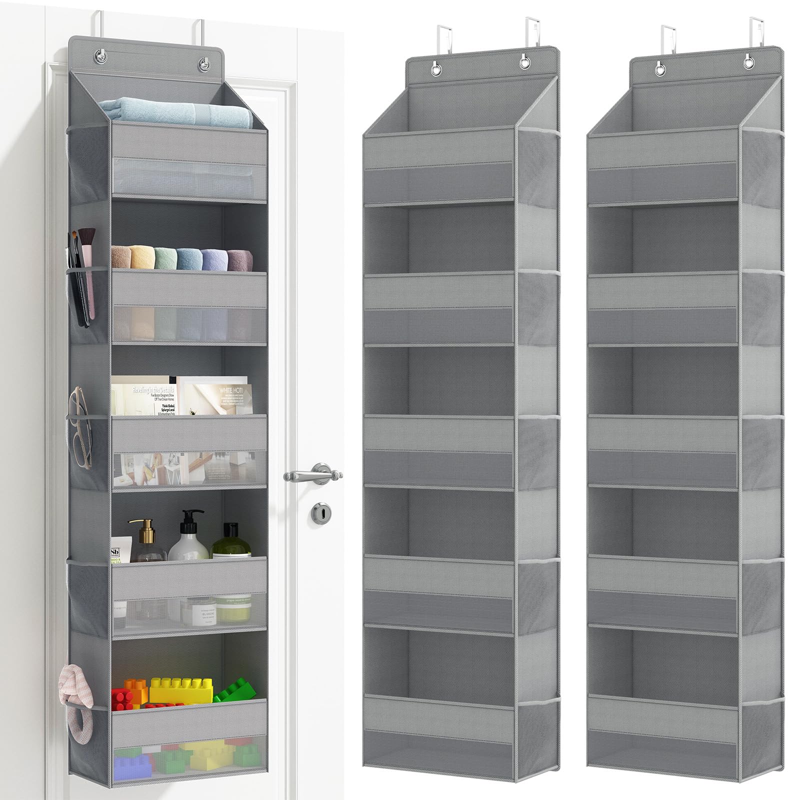 Photo 1 of Fixwal 2pcs Over Door Storage Organizer, 5-Shelf Wall Mount Upgrade Hanging Storage with 5 Large Pockets 10 Mesh Side Pockets for Pantry Bedroom Dorm Pantry Nursery Bathroom Diapers Clothes (Grey)