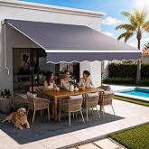 VEVOR Manual Retractable Awning 11.5' x 9.8' Outdoor Patio Awning Sun Shade | For Deck Balcony Yard Use, Adjustable Angle, Door Window Water-Resistant Polyester Sunshade Shelter with Crank Handle, Gray