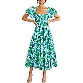 PRETTYGARDEN Women's Casual Summer Midi Dress Puffy Short Sleeve Square Neck Smocked Tiered Ruffle Dresses