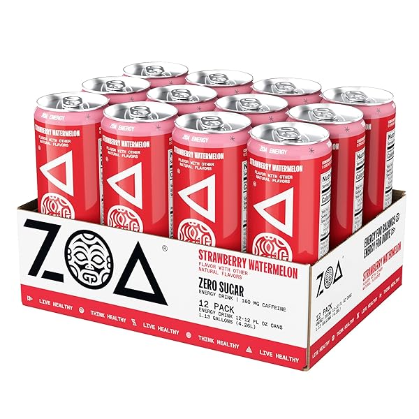 ZOA ZERO SUGAR ENERGY DRINKS – STRAWBERRY WATERMELON | HEALTHY ENERGY FORMULA WITH NATURAL CAFFEINE, DAILY VITAMIN C, ESSENTIAL B-VITAMINS | GLUTEN-FREE, KETO FRIENDLY | 12 OUNCE CANS (PACK OF 12)