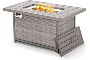 HAPPATIO 48inch 50,000 BTU Aluminum Patio Fire Pit,Wicker &Aluminum Rattan Square Propane Fire Pit Table.Propane Gas Fire Pit Table with Clear Glass Rock, Gray PE Rattan(Gray)