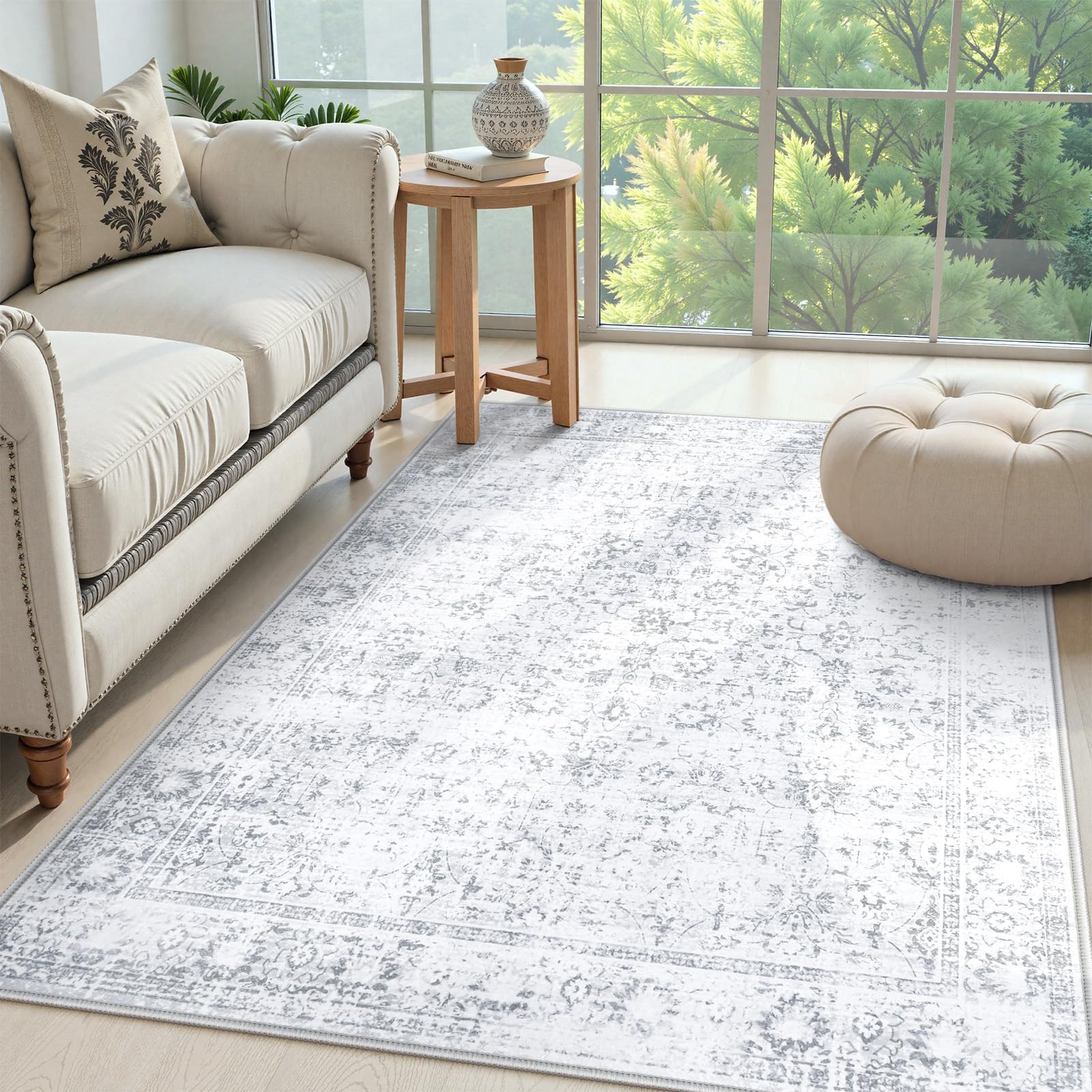 Photo 1 of LIVEBOX Washable Area Rug 4x6 Boho Bedroom Rug Oriental Low-Pile Indoor Rug for Living Room,Foldable Gray Turkish Rug No-Shedding Rug for Dining Room Office Camper Foyer