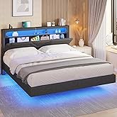 HAUOMS Queen Floating Bed Frame with Storage Headboard & LED Lights, Upholstered Platform Bed Frame Queen Size with Type-C & USB Charging Station, Hidden Storage, Easy Assembly, Dark Grey
