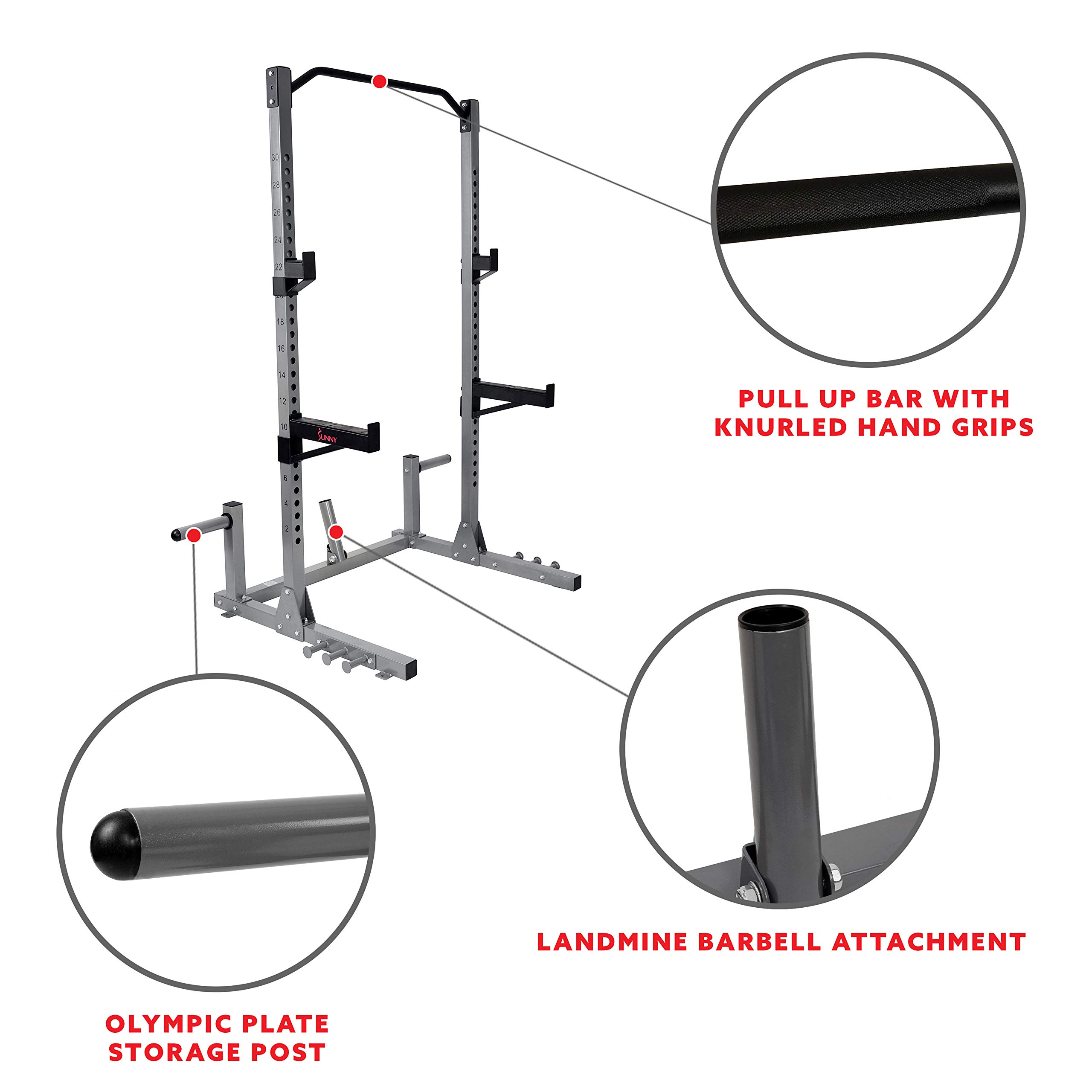 Sunny Health & Fitness Power Cage and Squat Rack In High Weight Capacity with J-Hooks, Adjustable Pull Up Bar, Weight Plate Holders, Resistance Band Posts