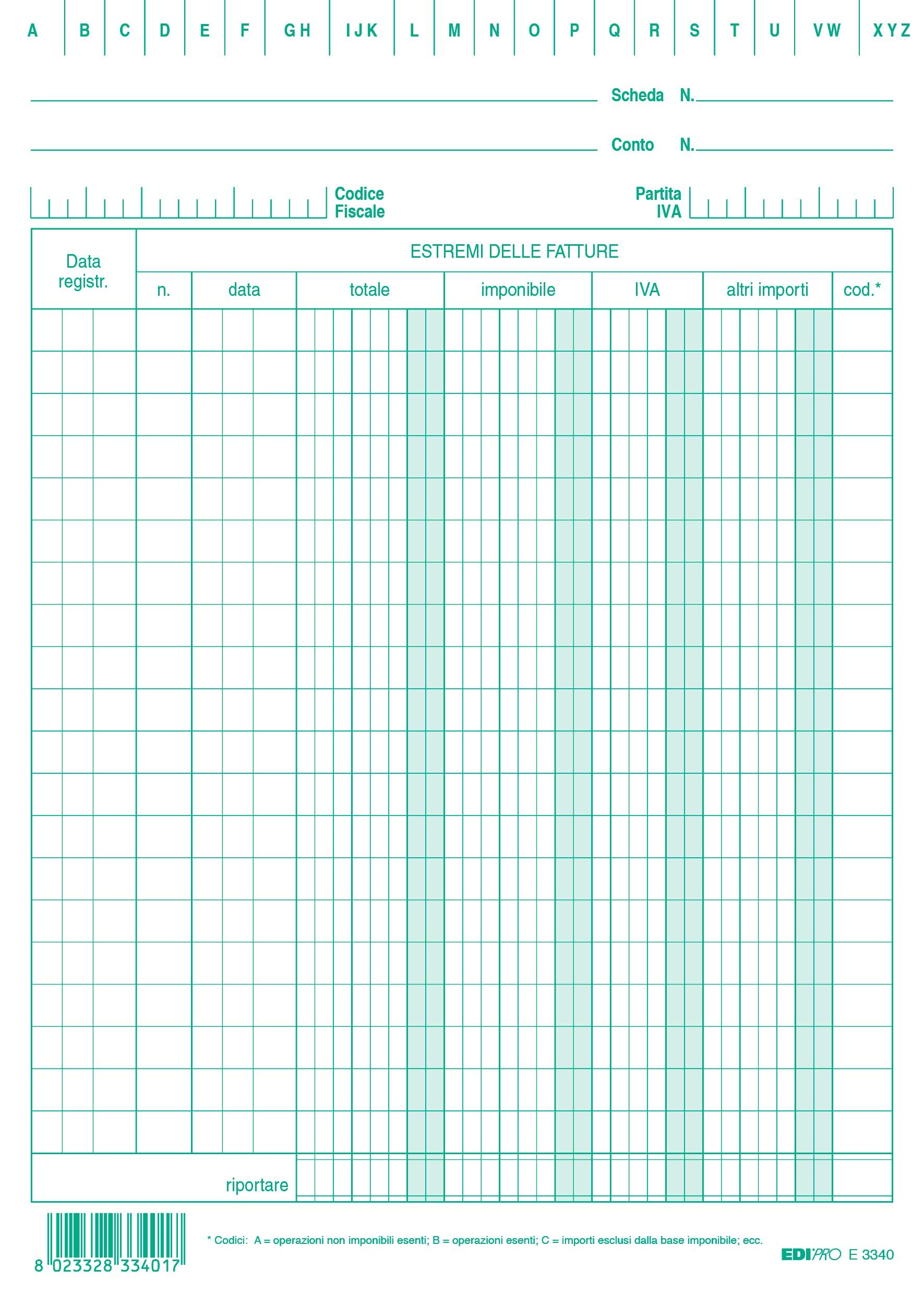 EDIPRO - E3340VE - 100 Invoice Registration Cards Green VAT f.to 17x24