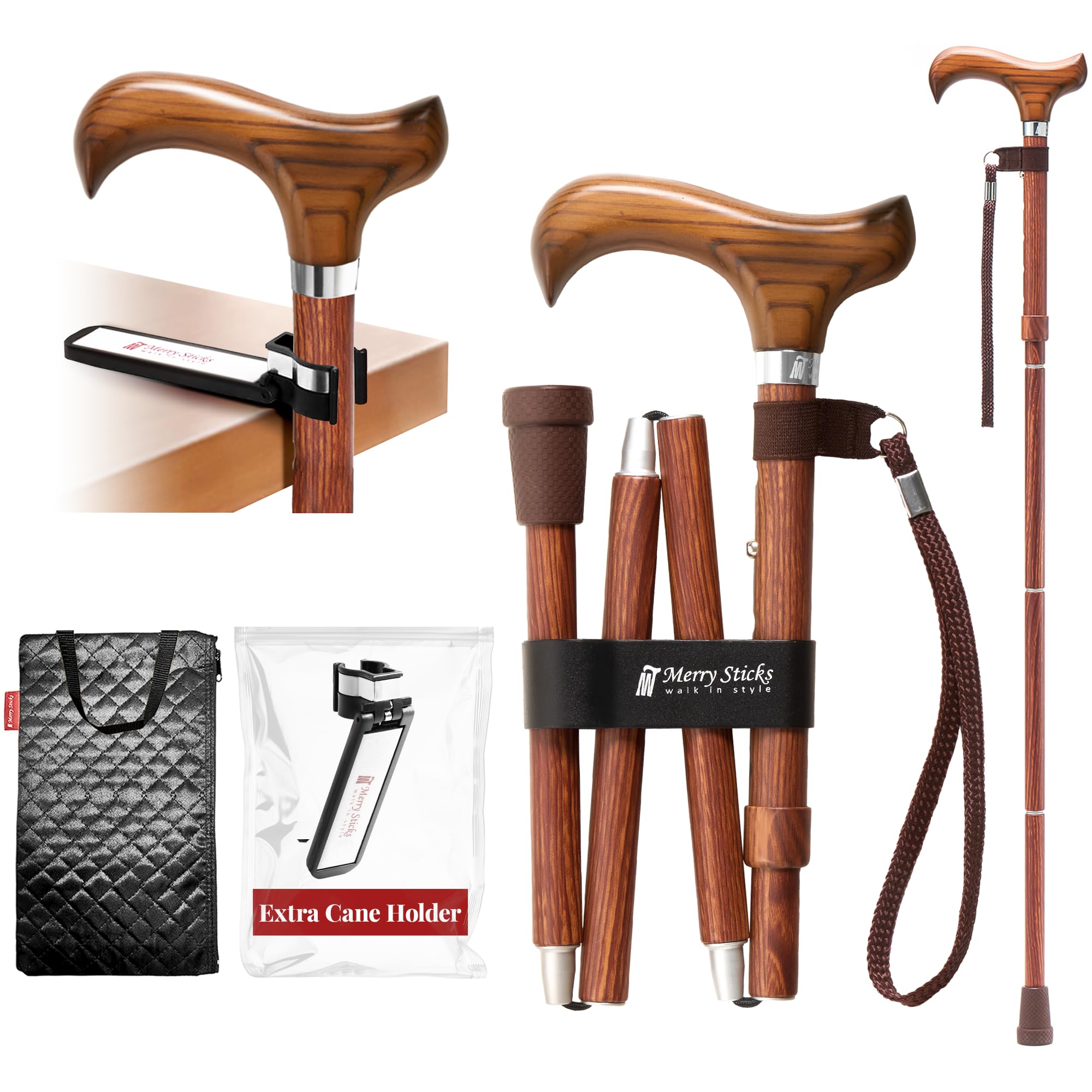 Merry Sticks Foldable Adjustable Designer Walking Stick, Folding Stick, Mustard Wood, Includes a Practical Stick Pocket and One Intelligent Reflective Stick Holder