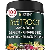 Herbpy 6in1 Beet Root Capsules for Heart Health, Vitality &amp; Immune Support* | 10:1 Extract Beetroot Supplement with Black Maca, Grape Seed, Ginger and Turmeric roots, &amp; Black Pepper | 100 Vegan Capsules