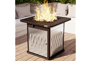 EAST OAK 28'' Stainless Steels Fire Pits Table, 50,000 BTU Upgraded Steel Gas FirePit for Outdoor, Outside Patio, CSA Certified Fire Table with Magnetic Lid, Cover-Storage Basket and Lava Rock, Brown