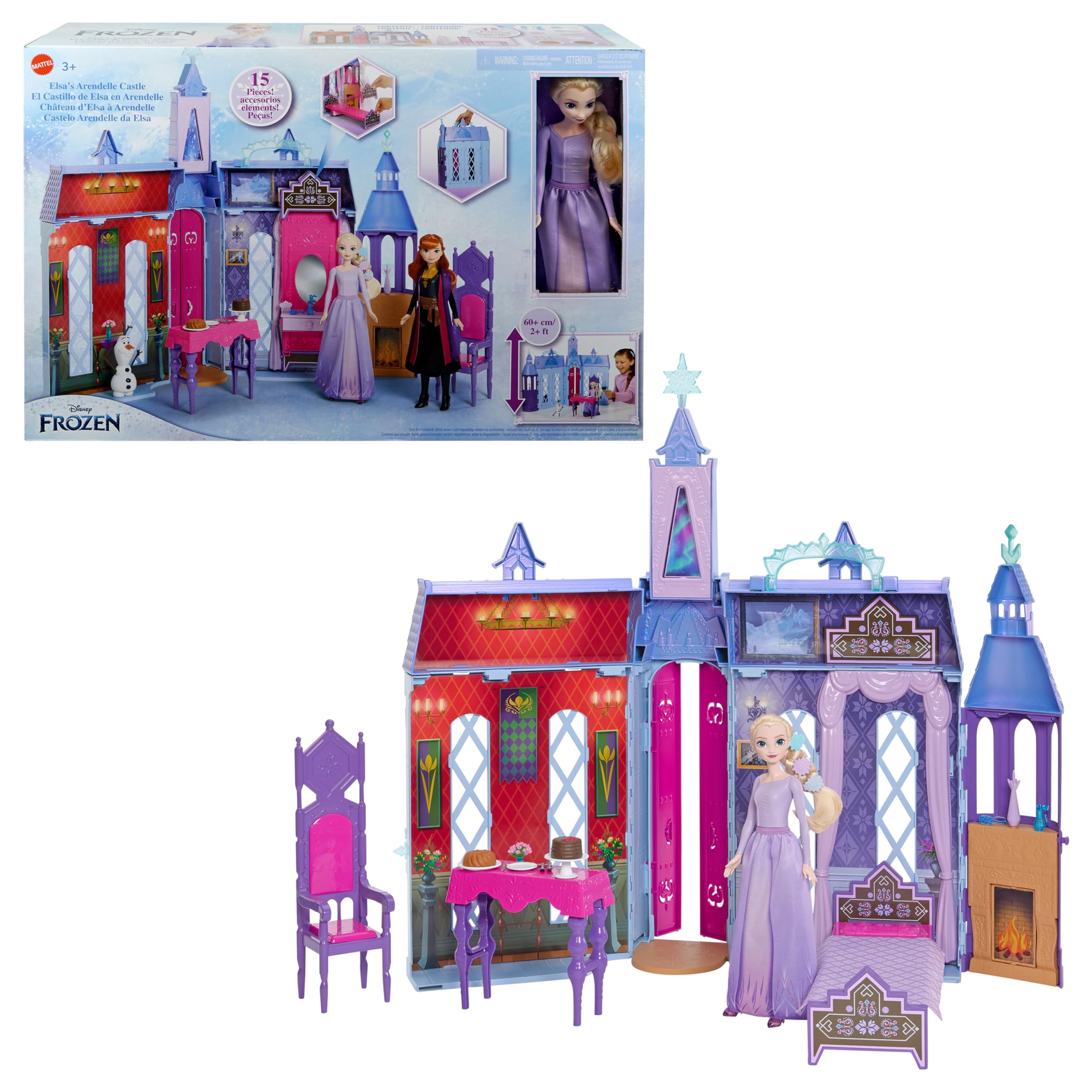 Mattel Disney Die Eiskönigin - Puppenhaus des Schlosses in Arendelle (60 cm+) mit Elsa-Puppe, 4 Spielbereichen und 15 Möbel- und Zubehörteilen aus dem Disney-Film Die Eiskönigin II, HLW61