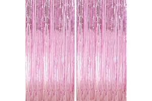 Crosize 2 Pack 3.3 ft x 8.2 ft Pink Foil Fringe Curtains Party Decorations, Pink Tinsel Curtain Backdrop for Parties, Door Streamers, Glitter Streamer Fringe Backdrop for Birthday Decoration