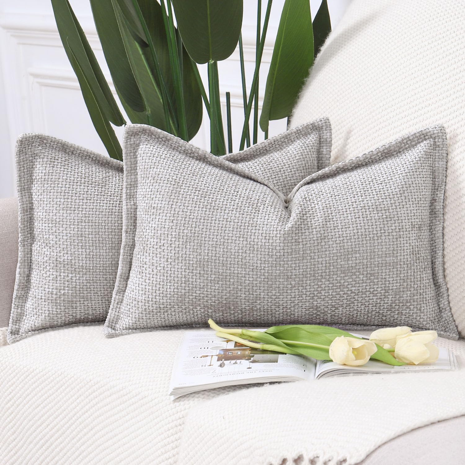 Madizz Set of 2 Chenille Velvet Cushion Covers with Flange Soft Boho Textured Throw Pillow Covers Broadside Pillowcases Modern Farmhouse Home Decor for Sofa Bedroom Oatmeal 12x20 inch, 30x50 cm