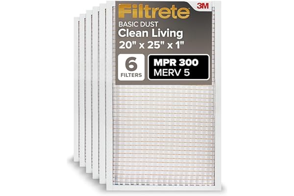 Filtrete 20x25x1 Air Filter MERV 5, 6-Pack AC Furnace HVAC Filters for Home, MPR 300 Basic Dust Defense, Pleated Electrostatic Removes Lint & Dust (Actual Size 19.69x24.69x0.81 in)