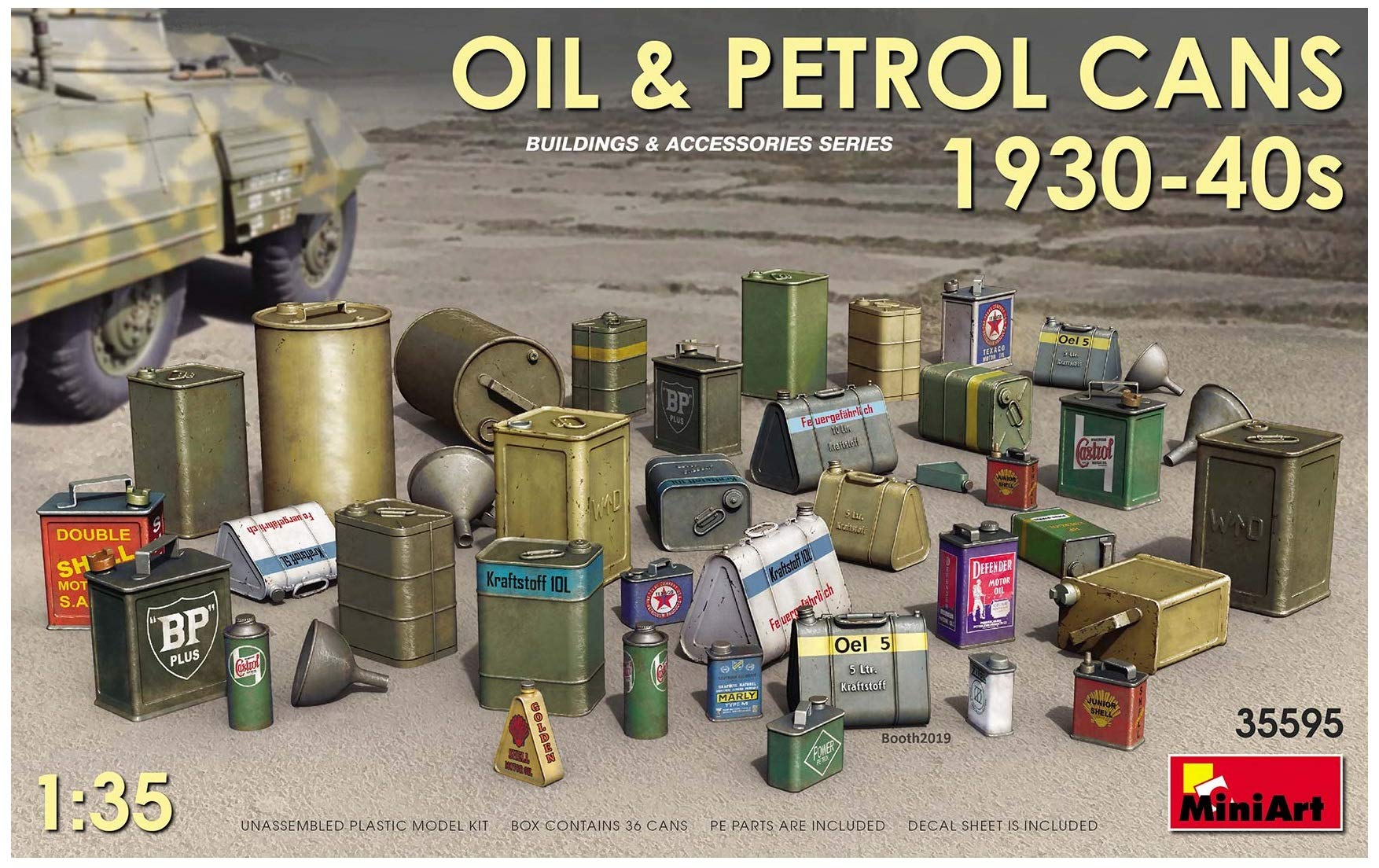 Miniart MIN35595 Oil & Petrol Cans 1930-40s Plastic Model kit, Various, grey