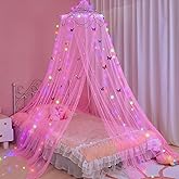 FIOBEE Bed Canopy for Girls Room Bed Canopy Curtains with Led Lights Mosquito Net DIY Princess Room Décor with Stars Butterflies for Kids Bedroom, Hot Pink