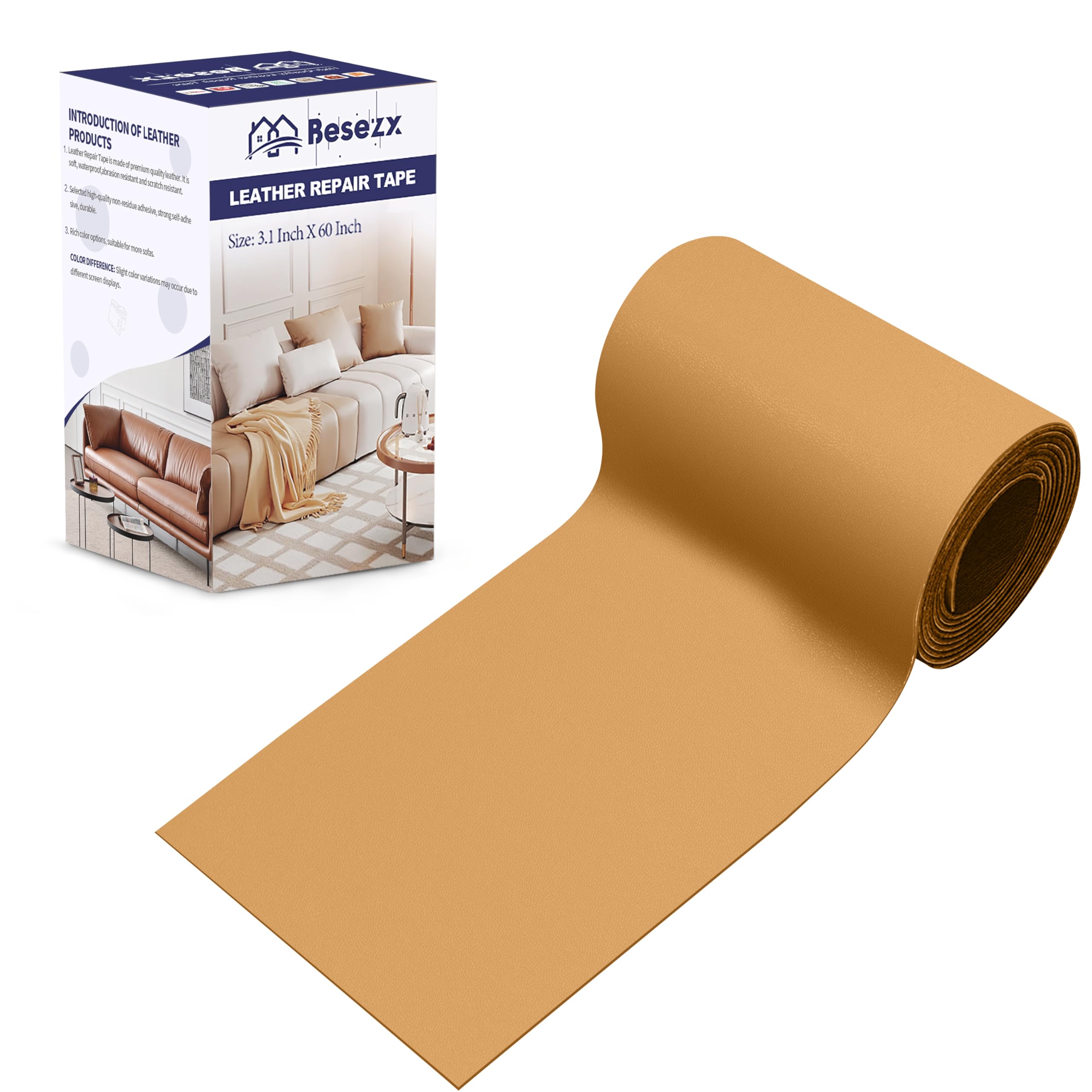 Photo 1 of Besezx Leather Repair Patch Tape Kit, Self Adhesive Leather Repair for Furniture, Couch, Sofa, Car Seats,Office Chair,Vinyl Repair Kit.3.1inx60in