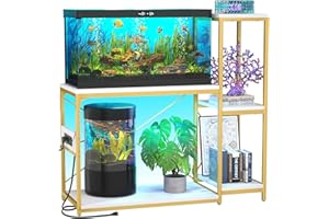 Hyomdeck 20-29 Gallon Fish Tank Stand with Power Outlet & LED Light, Reversible Wood Aquarium Stand with Shelves for Fish Tank Accessories Storage, Metal Frame, Reptile Terrarium Stand, White and Gold