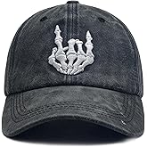 Rocking Skeleton Fingers Hand Hat, Embroidered Skull Adjustable Washed Denim Baseball Cap