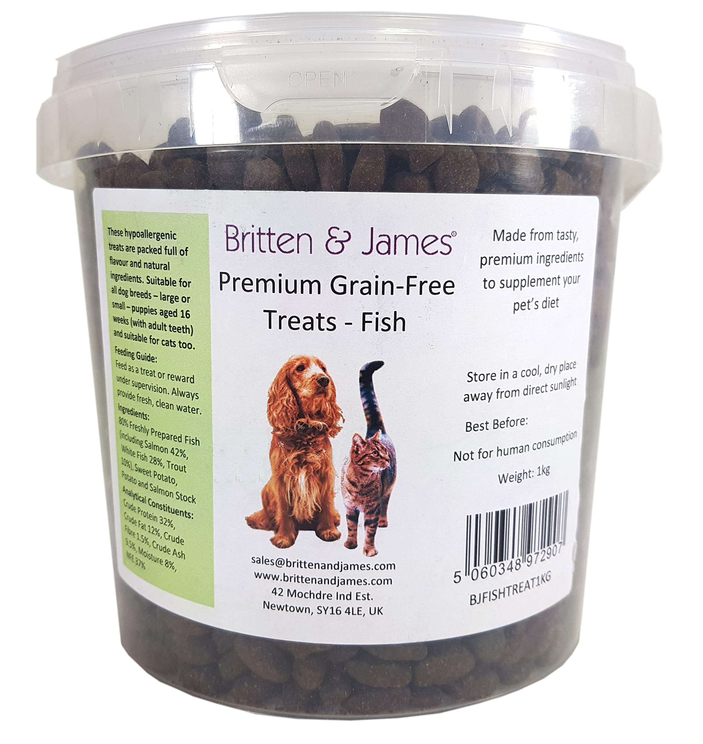 Grain Free Dog Treats & Cat Treats - Fish 1kg - in a Stay Fresh 2L Tub. Hypoallergenic by Britten and James