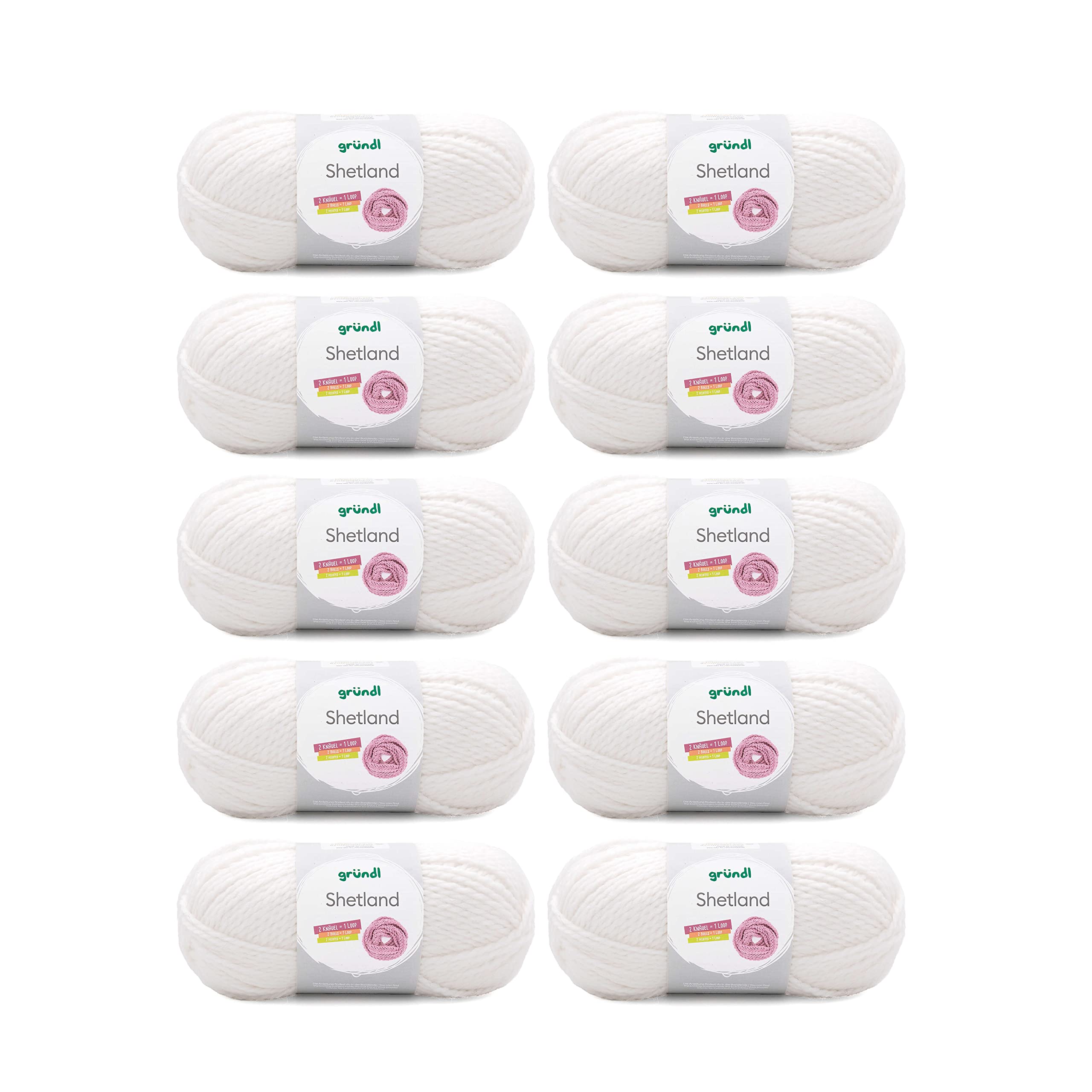 Gründl Shetland Wool (fashionable and soft knitting yarn made of 80% polyacrylic and 20% wool, 100 g / 170 m, needle size: 7-8, 10 x 100 g), White