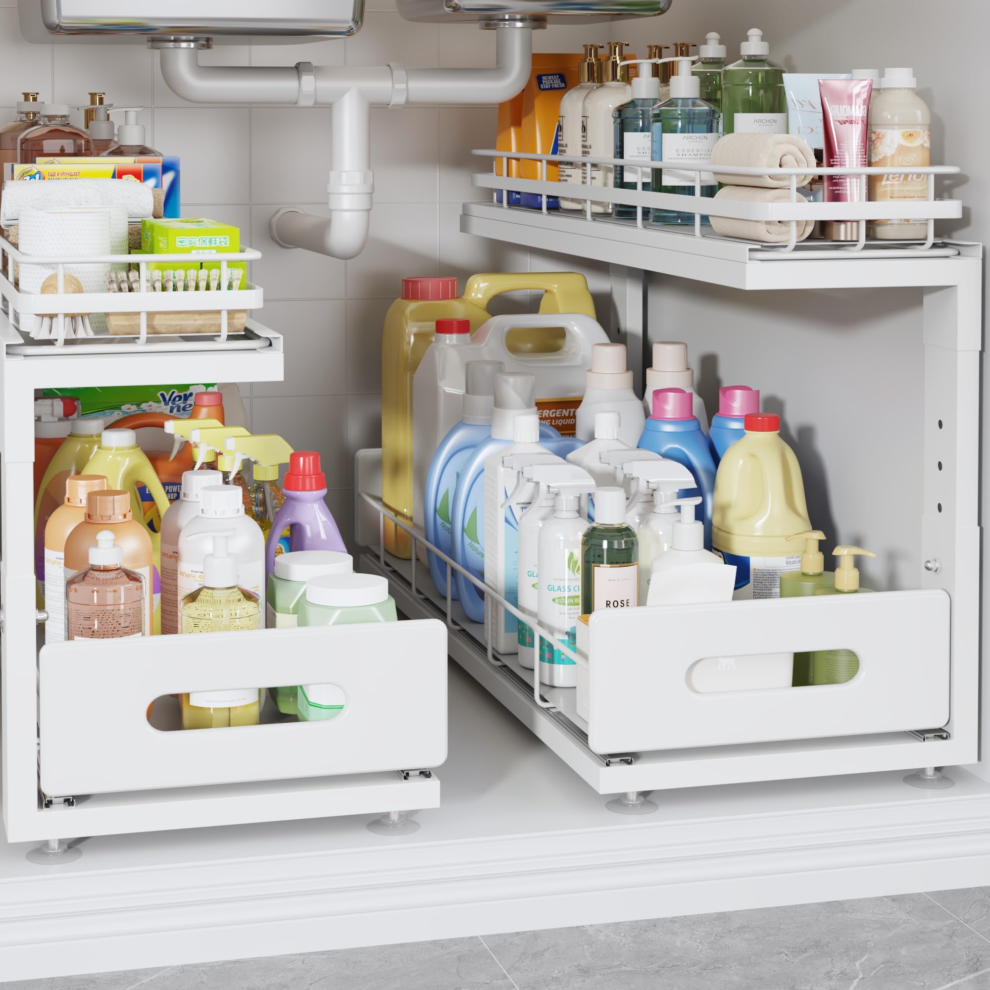 Photo 1 of 2 Pack 21 IN Depth Pull Out Cabinet Storage With Smooth Rails,2-Tier Dual Pull Out Cabinet Storage For Bathroom Kitchen,Under Sink Shelf-White
