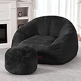 HABUTWAY Bean Bag Chair, Giant Bean Bag Chairs for Adults with Ottoman, Comfy Faux Fur Shell-Shaped Bean Bag Couch, Sofa Chair for Living Room, Bedroom, Black