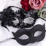 SIQUK Couple Masquerade Masks Black Venetian Party Plastic Rhinestone Halloween view 4