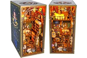 JERYSWET DIY Book Nook Kit, DIY Dollhouse Booknook, Library Booknook Shelf Insert Decor, 3D Wooden Bookends Miniature Kit with LED Light, Puzzles Craft Hobby for Adults Girls Boys