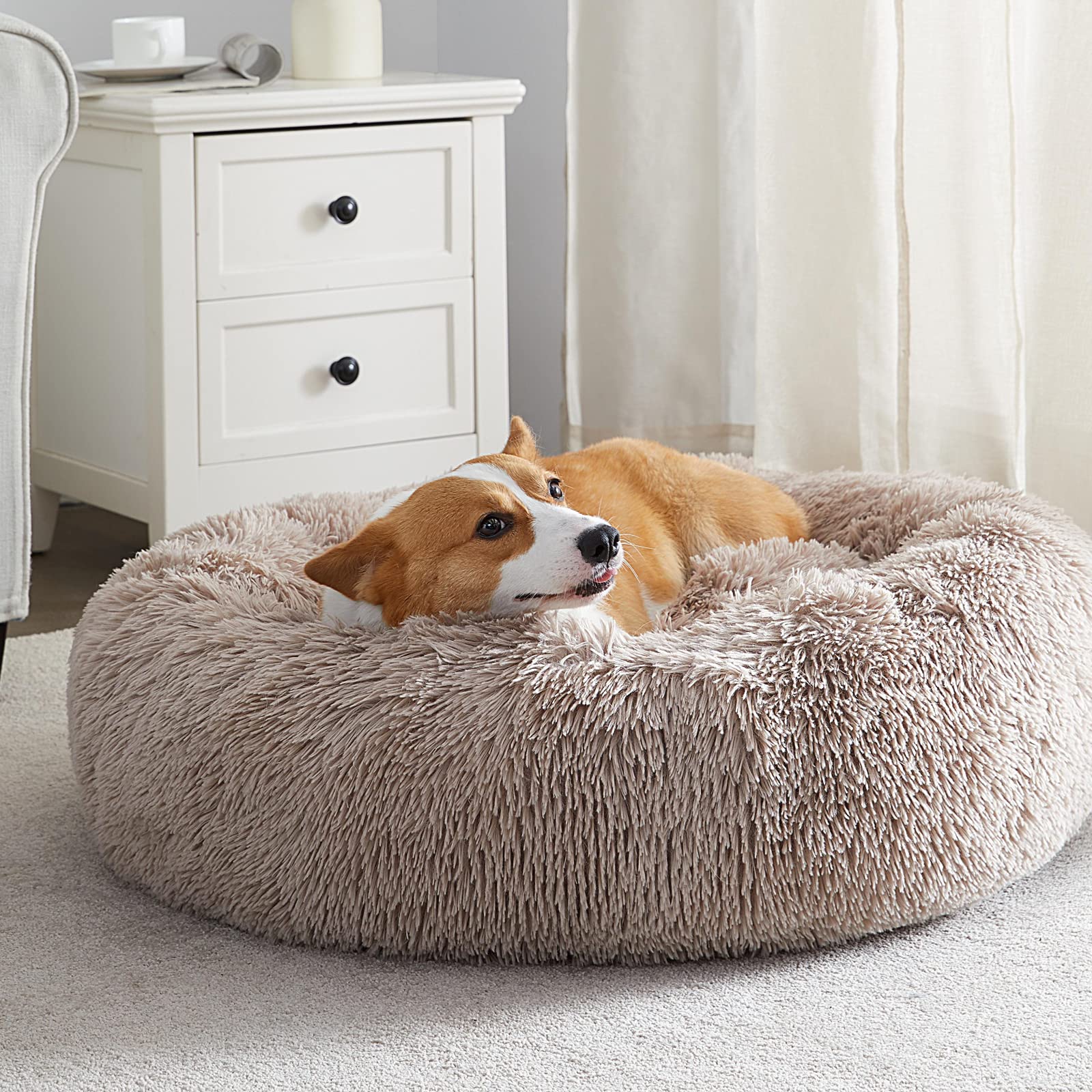 wnpethome calming dog bed & cat bed,small dog bed donut design faux fur anti-anxiety dog bed,fluffy dog cushion pet bed for small dogs and cats (20 x 20 inch, brown)