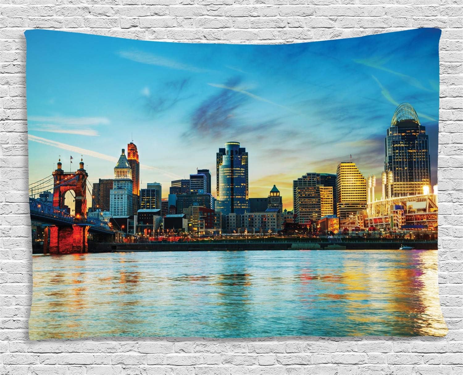 Amazon Com Ambesonne Cincinnati Tapestry Overview Of The City Nighttime At Dusk Twilight Bridge Ohio River Waterfront Wide Wall Hanging For Bedroom Living Room Dorm 60 X 40 Blue Seafoam Home Kitchen