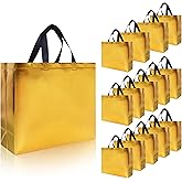 cabzymx 15 Pcs Glossy Yellow Gold Reusable Gift Bags Bulk, 12.6 x 4.7 x 11 In Holiday Party Bags with Handles & Sturdy Bases, Ideal Goodie Bag for Birthday, Wedding, Xmas, Thanksgiving