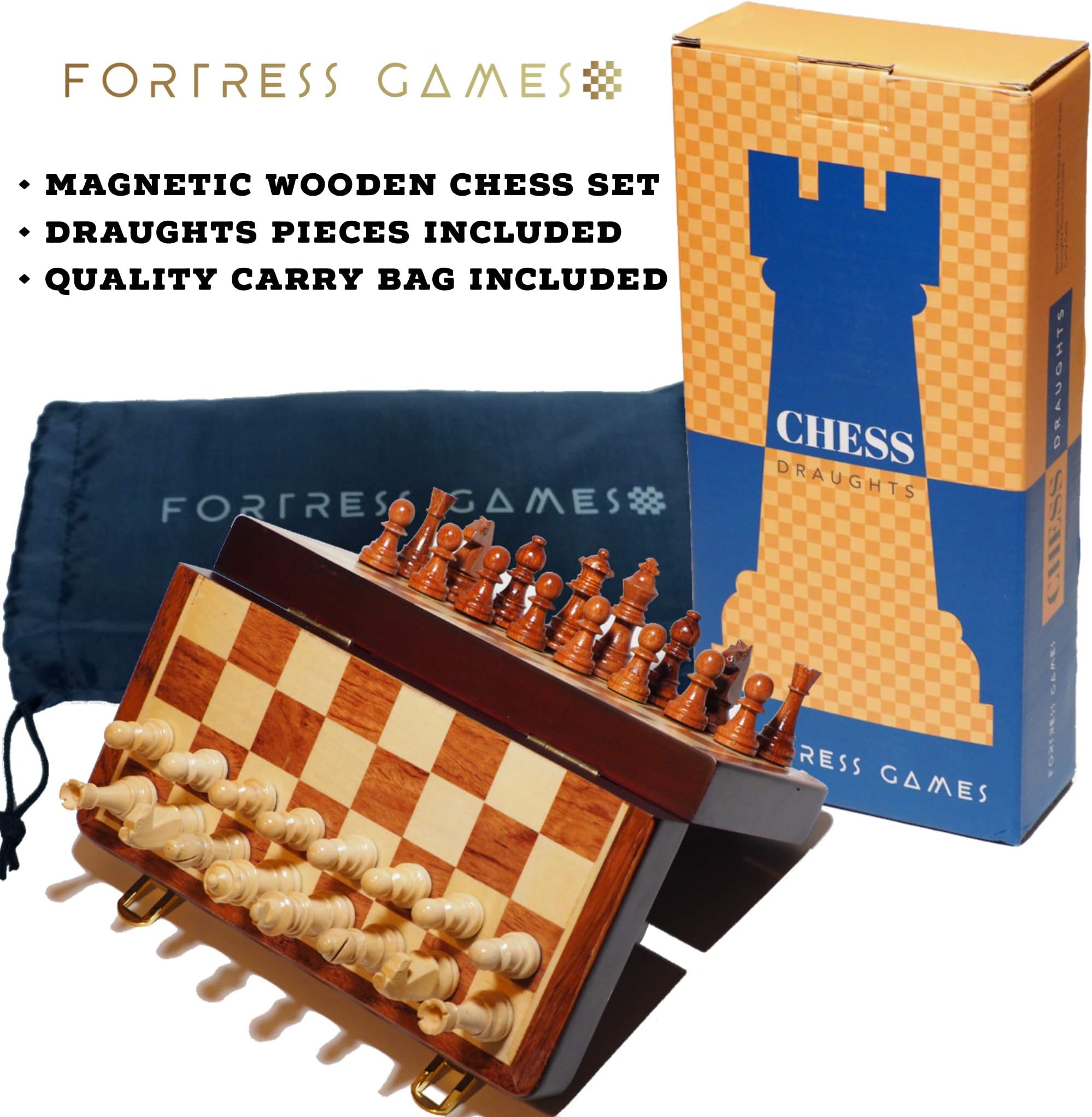 FORTRESS GAMES Premium Wooden Chess & Draughts Set - Magnetic Foldable Board, Perfect For The Whole Family