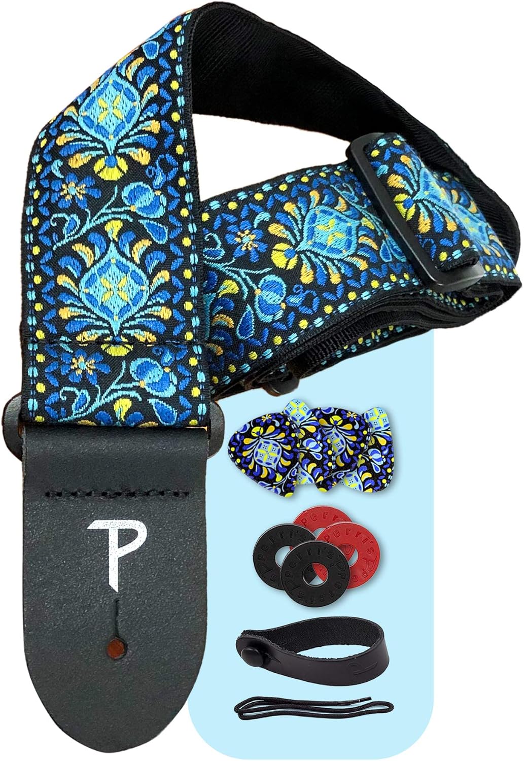 Perri's Leathers Ltd-Guitar Strap-Bundle-BONUS-3 Medium 0.71mm Guitar Picks, 1 Leather Acoustic Adaptor, 4 Strap Locks (Blue Lotus)