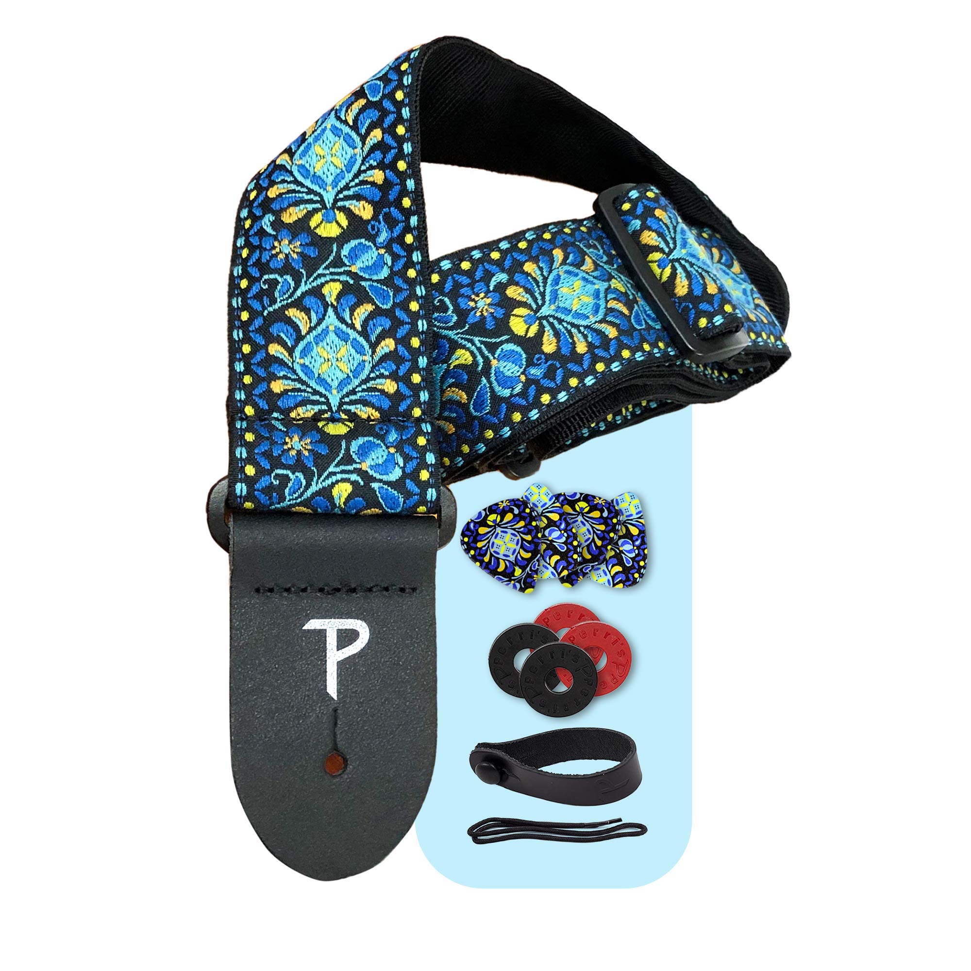 Perri's Leathers Ltd-Guitar Strap-Bundle-BONUS-3 Medium 0.71mm Guitar Picks, 1 Leather Acoustic Adaptor, 4 Strap Locks (Blue Lotus)