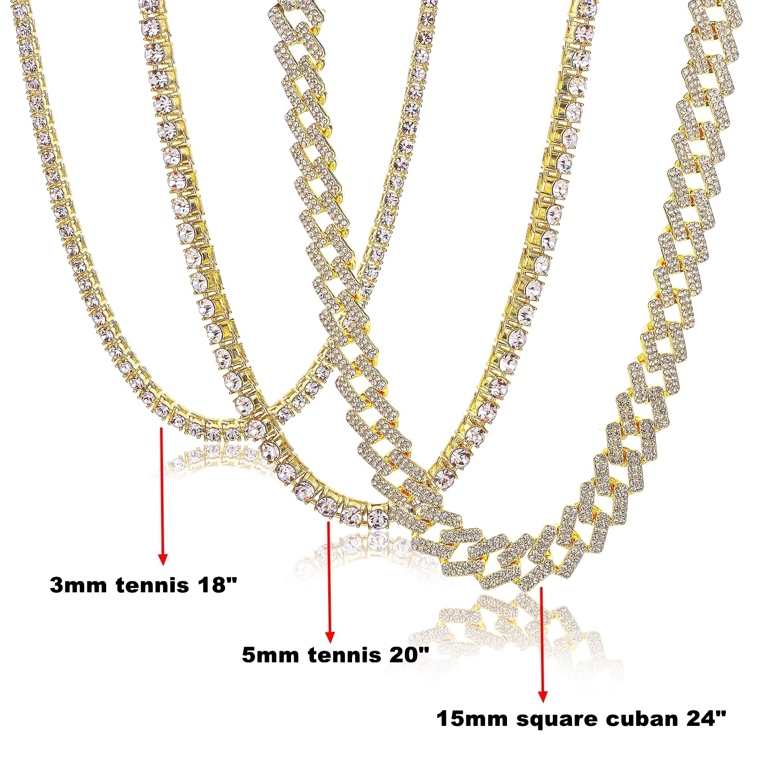 HH BLING EMPIRE Gold Silver Chain Necklace for Men Women Iced Out Diamond Tennis and Cuban Link Chain Necklaces Hip Hop Jewelry Sets 3Pc 18/20/24 Inch
