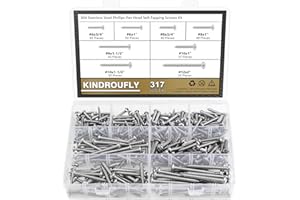 Kindroufly 317 Pieces #6#8#10#12 Phillips Pan Head Self-Tapping Screws, Wood Screws Assortment Kit, 304 Stainless Steel