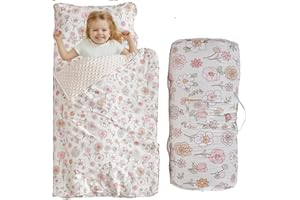 DUSHOW Floral Toddler Nap Mat With Zipper,Detachable Minky Blanket And Removable Pillow,Soft Slumber Bags For Girls,Kids Sleeping Bag for Daycare Preschool Kindergarten,Flower Toddler Sleeping Mat - Pink