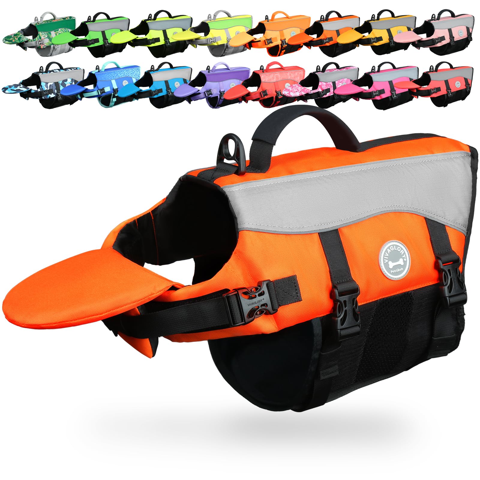 VIVAGLORY Front Float Dog Life Jacket, Dog Buoyancy Aid for Swimming & Boating, Life Vest with Chin Float & Handle, Ripstop & Buoyancy for Doggy, M, Bright Orange