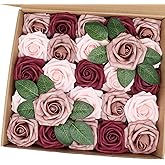 J-Rijzen Artificial Flowers 25PCS Real Looking Blush & Dusty Rose & Burgundy Fake Roses with Stem for DIY Wedding Bouquets Centerpieces Baby Shower Party Home Decorations