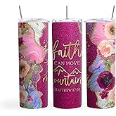 MRC Wood Products 20oz Skinny Tumbler Faith Can Move Mountains Matthew 17:20 - Stainless Steel Double Wall Insulated Cup With Lid And Straw - Christian Gift