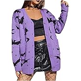 WDIRARA Women's Gothic Graphic Button Down Cardigan Sweaters Long Sleeve V Neck Knit Outerwear